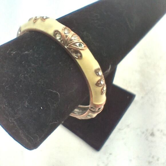 Vintage Enamel & Rhinestone Bangle Bracelet Hinged Art Deco Style Cream Copper - Picture 8 of 11